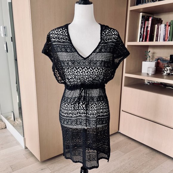 Crochet Tie Waist Swim Coverup | O/S | Black - Picture 1 of 9
